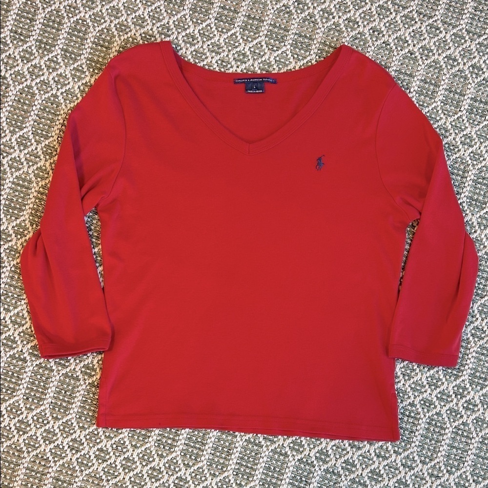 Ralph Lauren Sport Classic Red V-Neck Cotton Top Embroidered Logo Preppy Style L